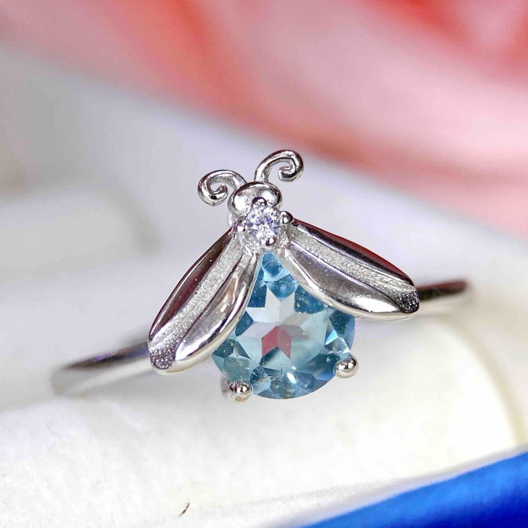 2025 S925 Silver Blue Topaz Ring - Natural Ornamental Design Adjustable Opening