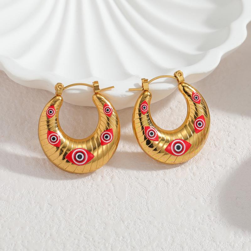 Geometric Stainless Steel U-Shaped Earrings with Creative Eye Design - European & American Style for Women