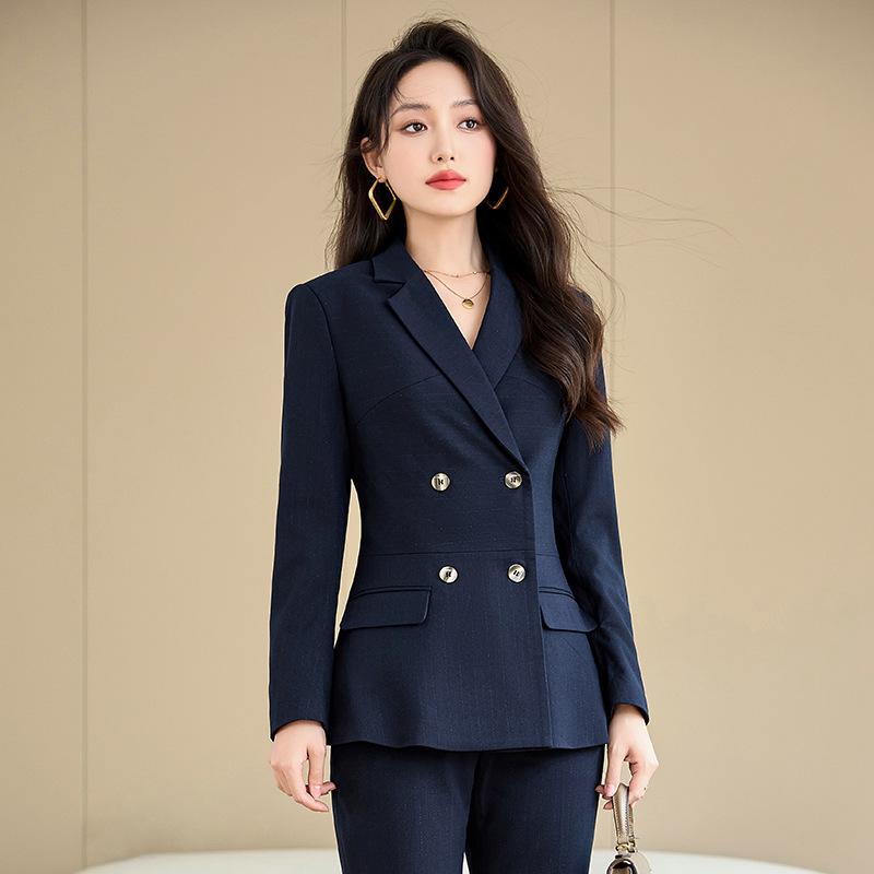 Women's Autumn Black Double-Breasted Blazer and Pants Set - Professional Slim Fit for Business and Interviews