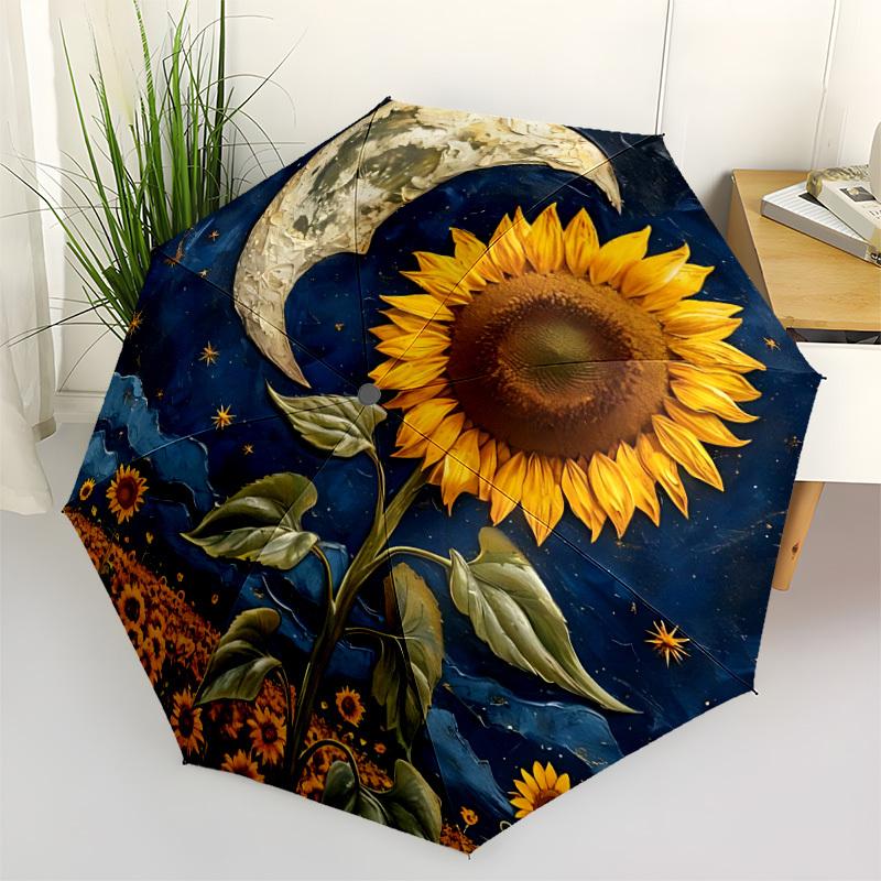 1pc Moon Sunflower Automatic Open/close Umbrella, 8-Rib Sturdy Structure, Auto Folding/Opening, Portable Travel Umbrella for Women,220