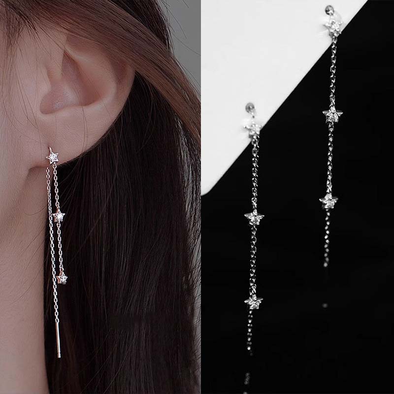 

Silver Color Star Tassel Earrings for Women Small and Delicate Five Pointed Star Zircon Long Earrings Fashion Jewelry Gifts