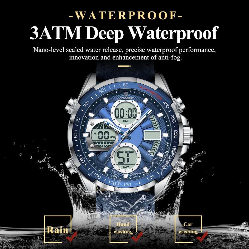 POEDAGAR Men Wristwatch Week Date Digital LED Quartz Fashion Clock Alarm Dual Time Display Electronic Luminous Watches