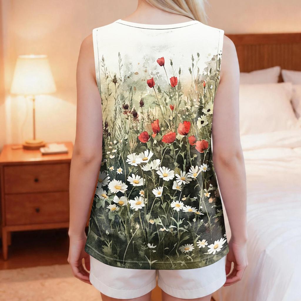 Women Shoulder Surgery Shirt Sleeveless Floral Print Top with Snap Buttons and Adjustable Cuff Design Postoperative Recovery Garment