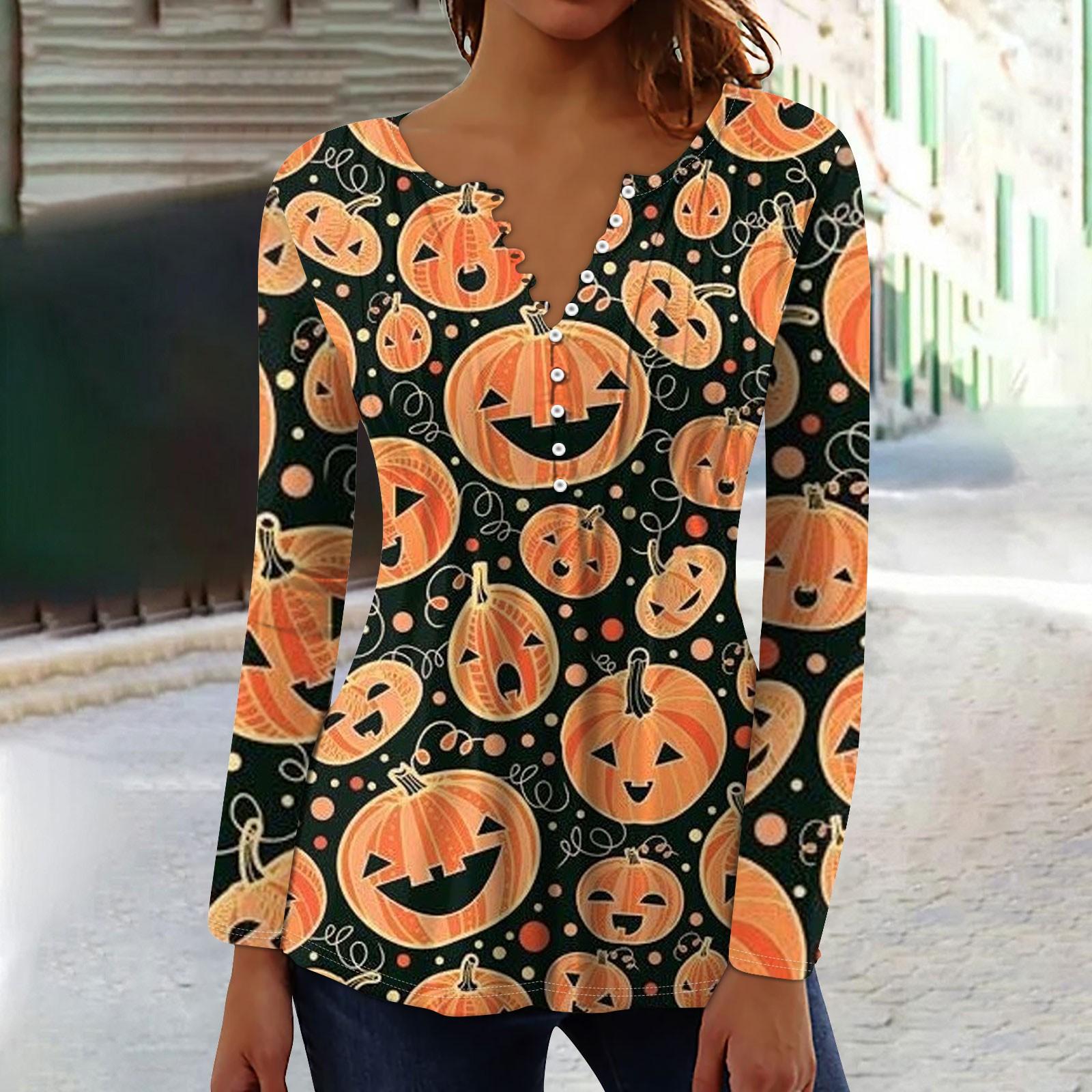 

Жіночий топ з довгими рукавами з принтом на Хеллоуїн і плісированим коміром на ґудзиках M шафрановий