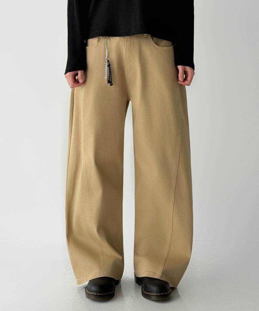 Jikeulib Beige Curved Cut-Line Wide Cotton Pants
