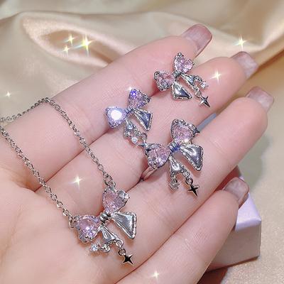 Kristall Engelsflügel Herz Anhänger Halsketten Set Damen Mädchen Schlicht Y2K Rosa Weiß Zirkon Liebe Elegante Halskette Frauen Schmuck Set