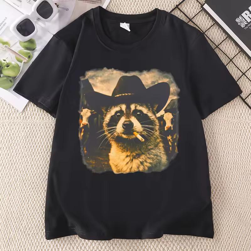 Funny Cowboy Raccoon T-Shirt Animal Meme Graphic Tee Vintage Comfortable Cotton Short Sleeve Loose Tees Streetwear