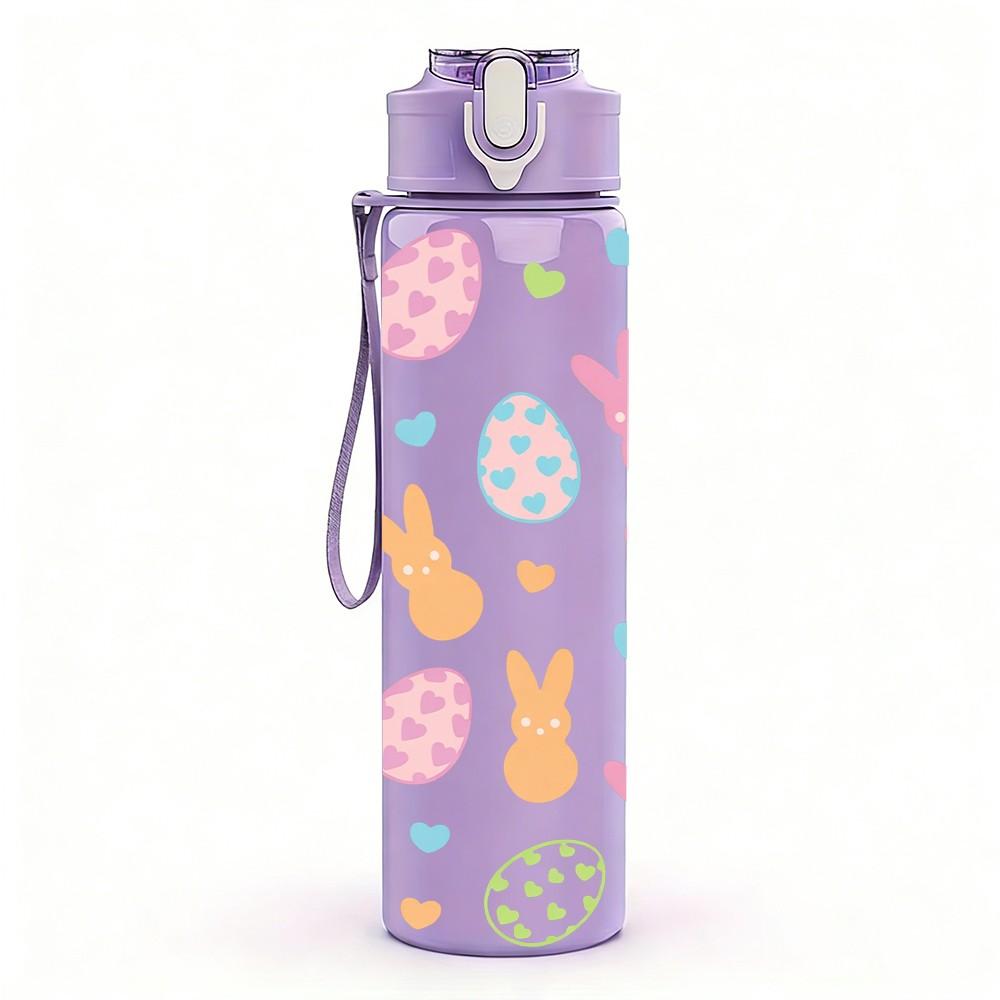 1PC Easter Egg Bunny Doodle Pattern Print 750ml Color Plastic Sports Water Bottle Leakproof Flip Straw Lid Suitable for Sports Office Home Use