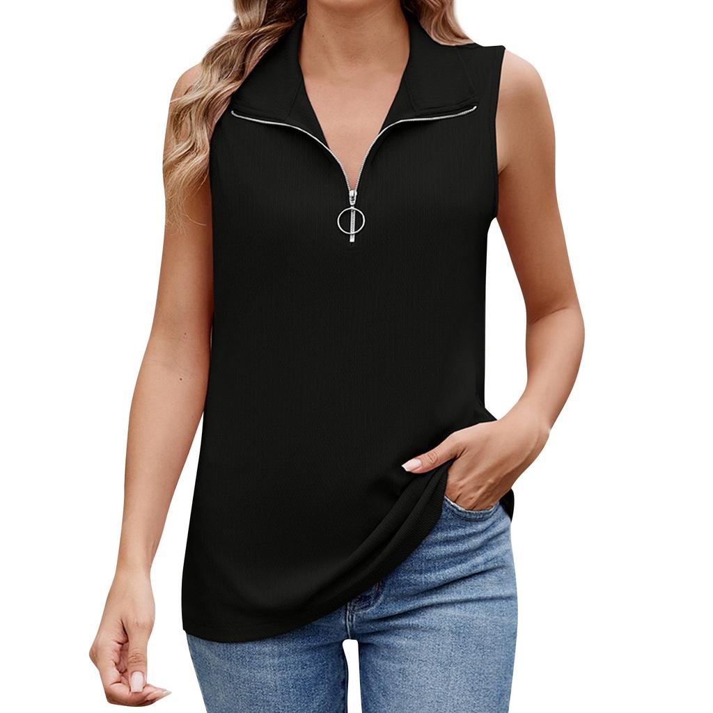 Women's Fashion Solid Color Collar Zipper Sleeveless Loose T-shirt Tank Top