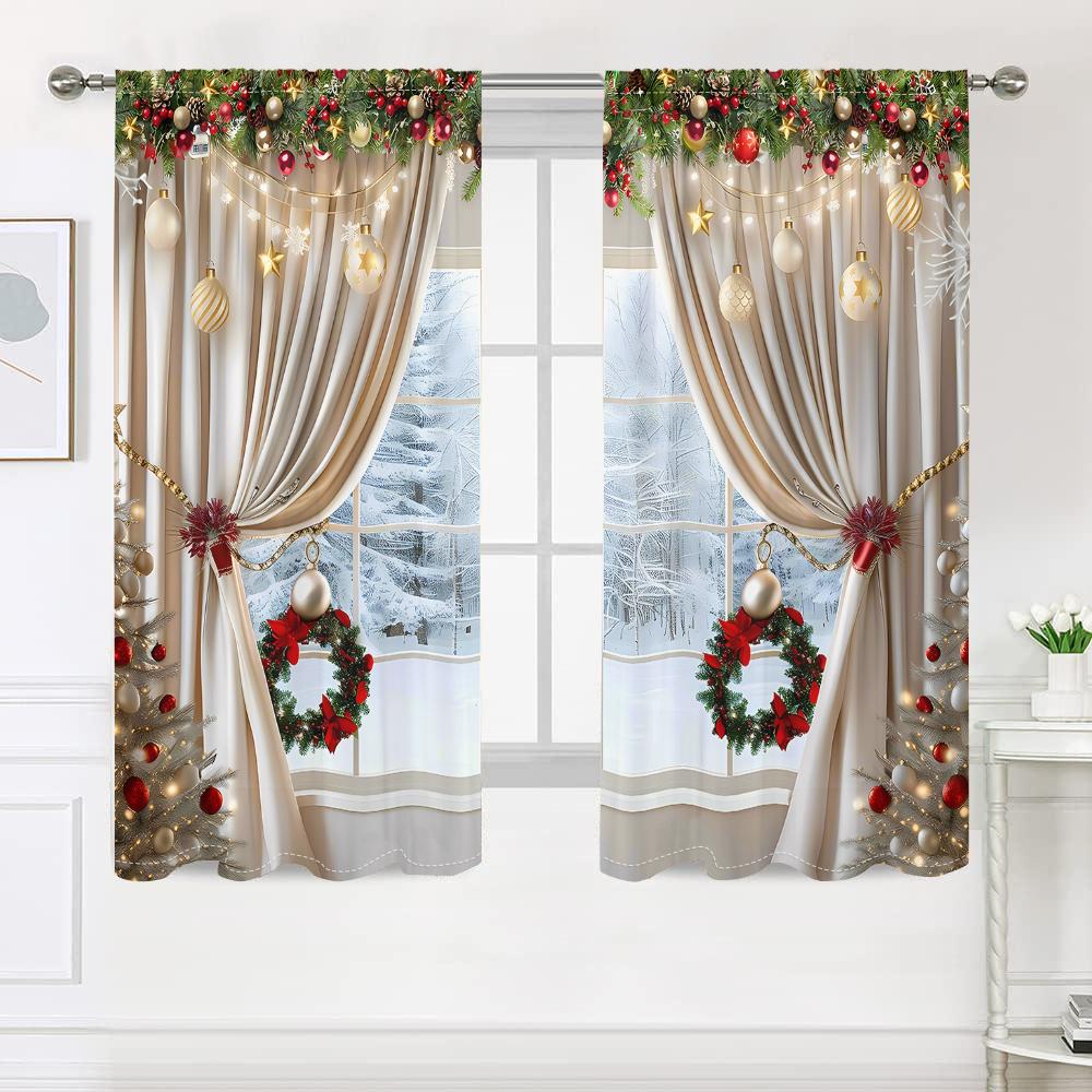 2 pieces, 3D luxury Christmas curtains -30% blackout - suitable for living room, bedroom, kitchen, home decoration