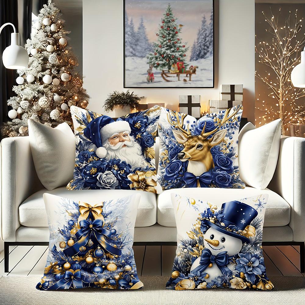 1 Stück Weihnachtskissen mit Blau & Gold, Geeignet für Weihnachts-Heimdekoration Kissenbezug, ohne Kissenkern.