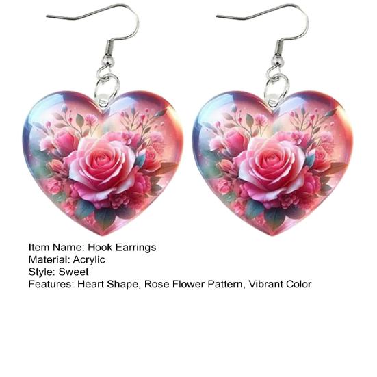 1 Pair Hook Earrings Rose Flower Pattern Heart Shape Charm Drop Earrings Vibrant Color Mother Day Gift Jewelry Accessories