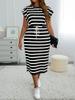 Summer new European and American women's clothing crew neck striped lace-up waist large size dress
