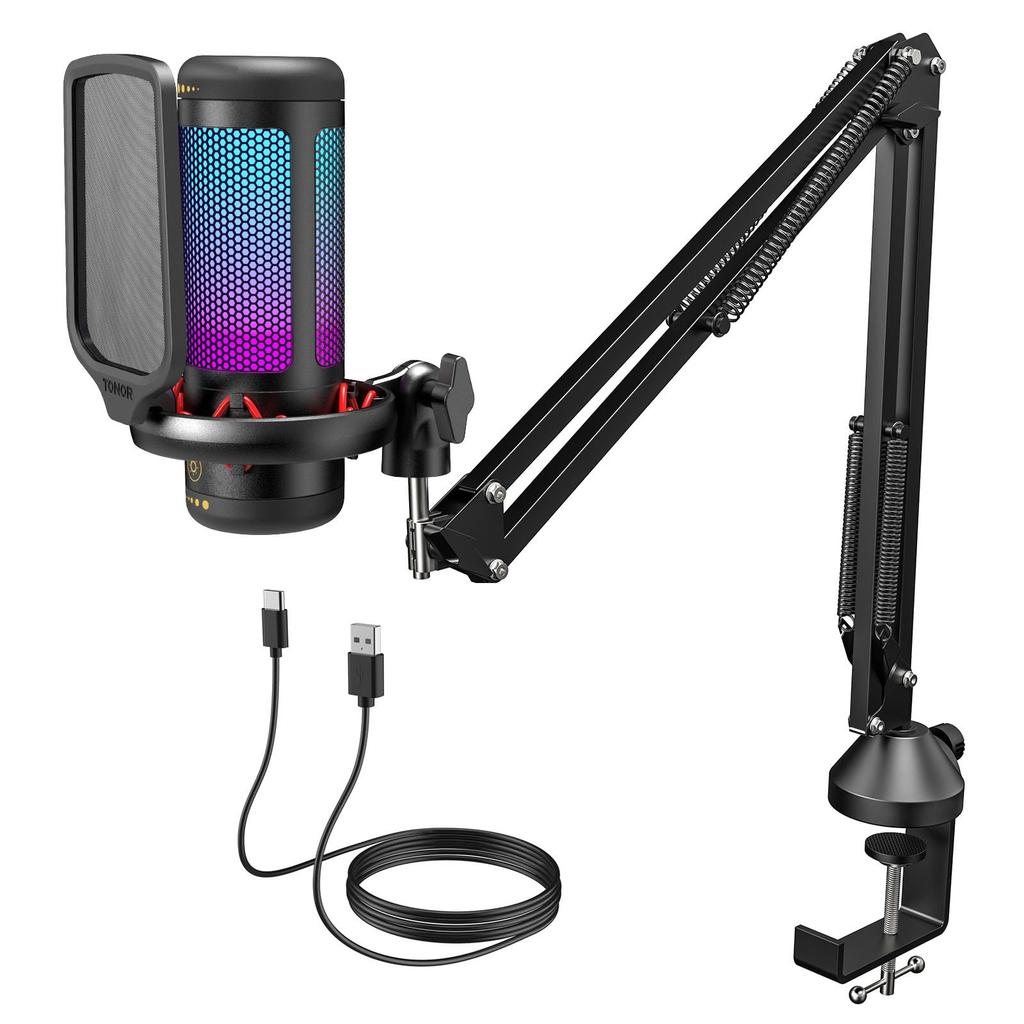 TONOR USB Microphone RGB Condenser for with Boom Arm TC310+ Microphone, Unidirectional, Gaming, Streaming, Zoom, PS5/PS4 Compatible, One-Touch Mute,
