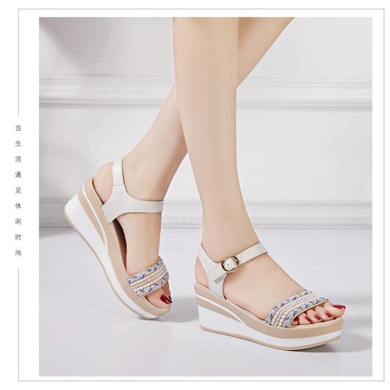 Platform sandals wedge heel high heel platform muffin shoes sandals round head rhinestone sandals
