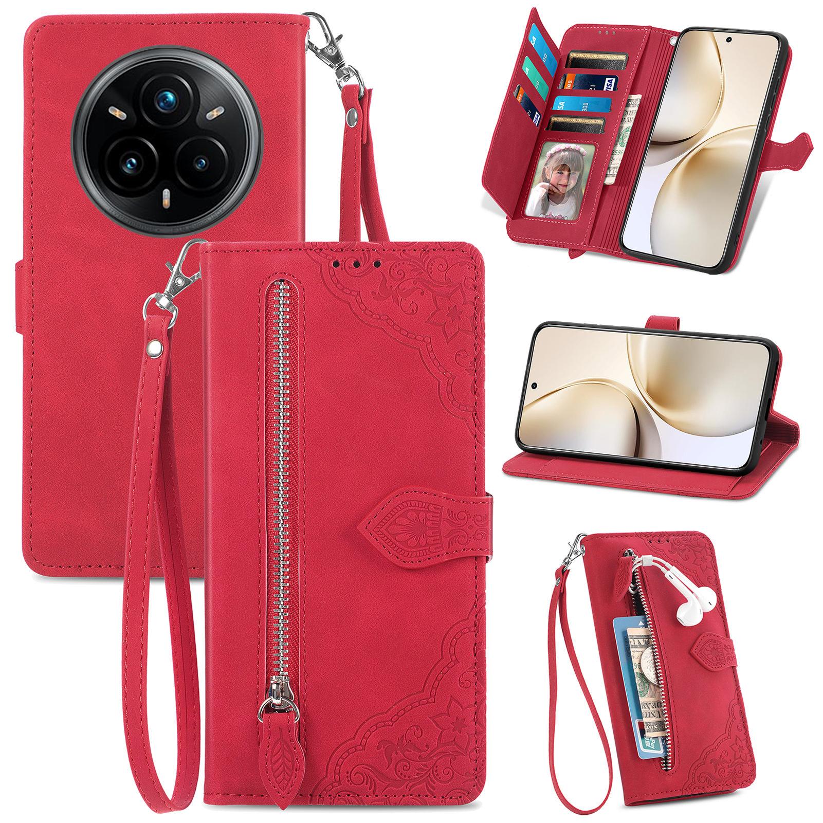 

For Realme 14 Pro 5G Zipper Wallet Case with Strap Flower Imprint PU Leather Phone Cover Red