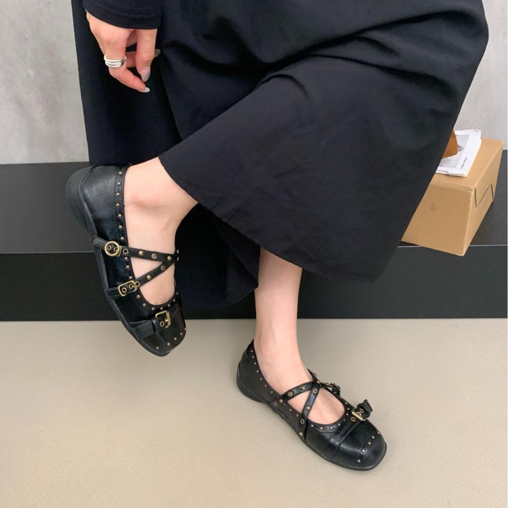 Retro Spice Girl Rivet Shallow Mouth Mary Jane Shoes Women's 2025 Summer New Casual Platform Sports Ballet Shoes