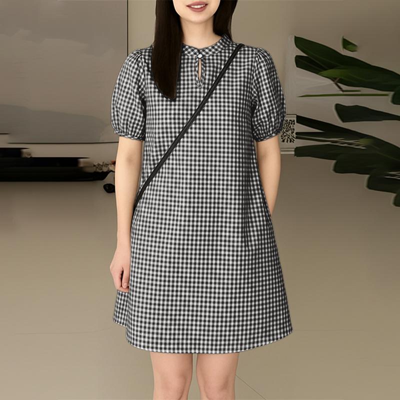 ZANZEA Women Casual Stand Collar Short Sleeve Loose Grid Print Dress