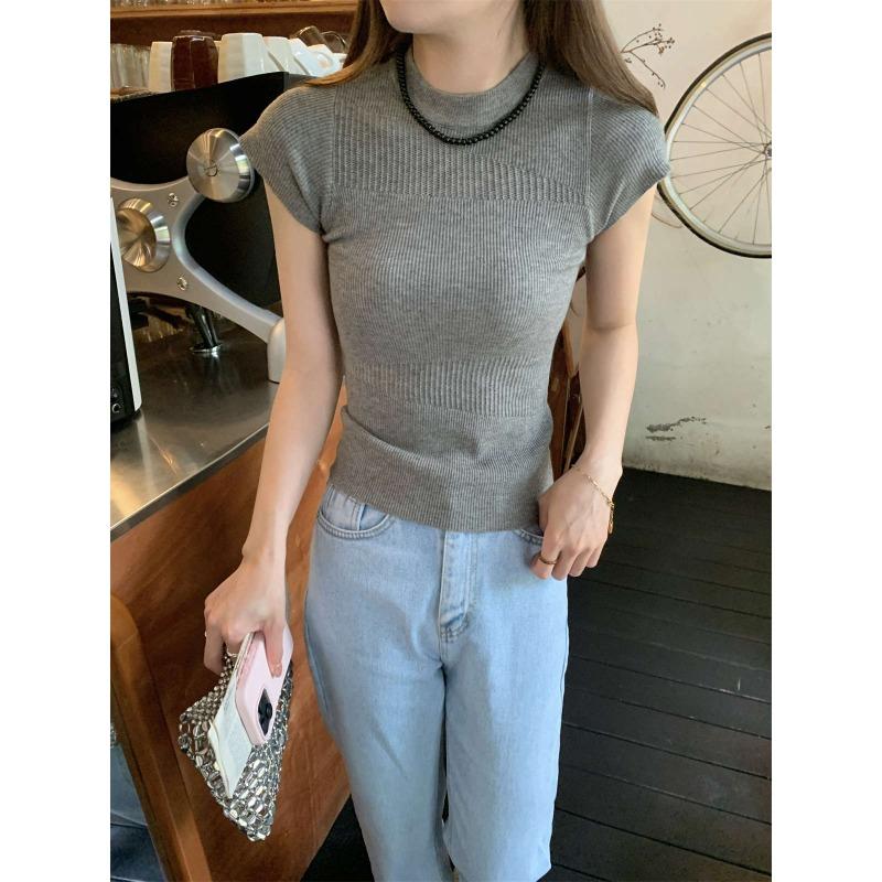 Knitted Short-sleeved Summer Slim-fitting Right-shoulder Fashionable and Versatile Thin Top with Design