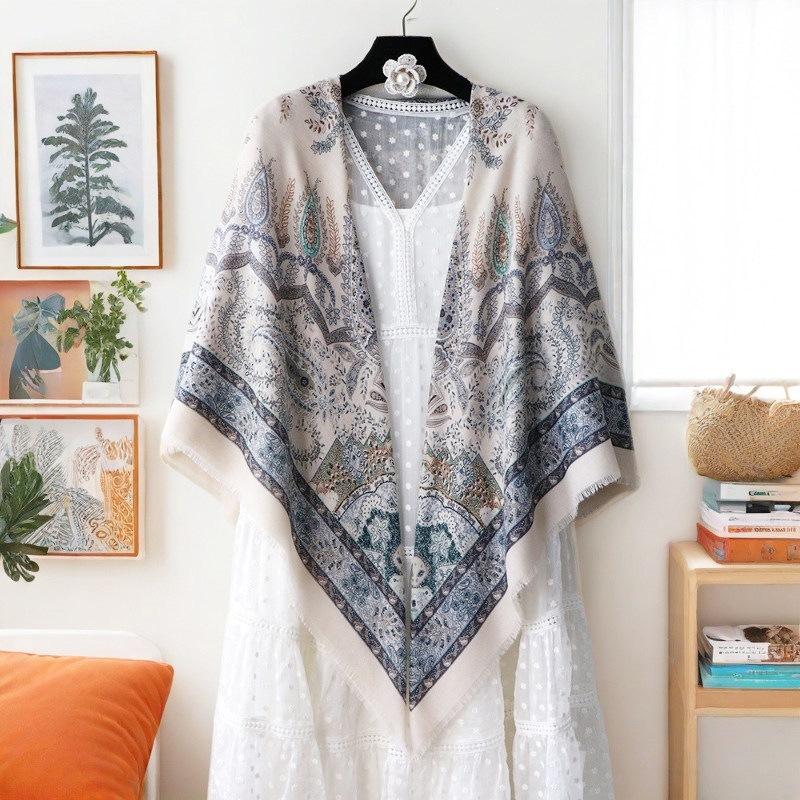 oversized beige flower travel sunscreen sunshade cotton and linen scarf women's silk scarf 111cm large square scarf shawl dual-purpose