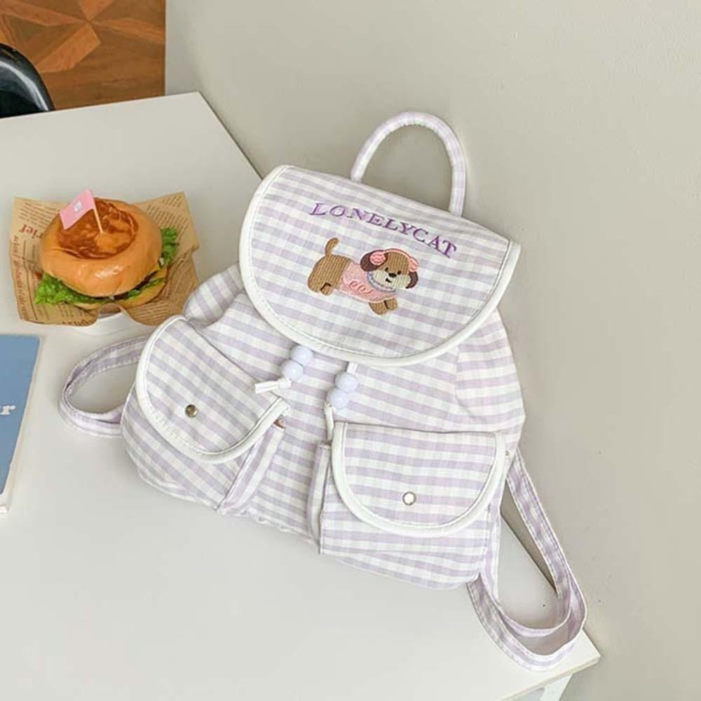 Sweet Women Daily School Bag Large Capacity Embroidery Puppy Plaid Daypack Girls