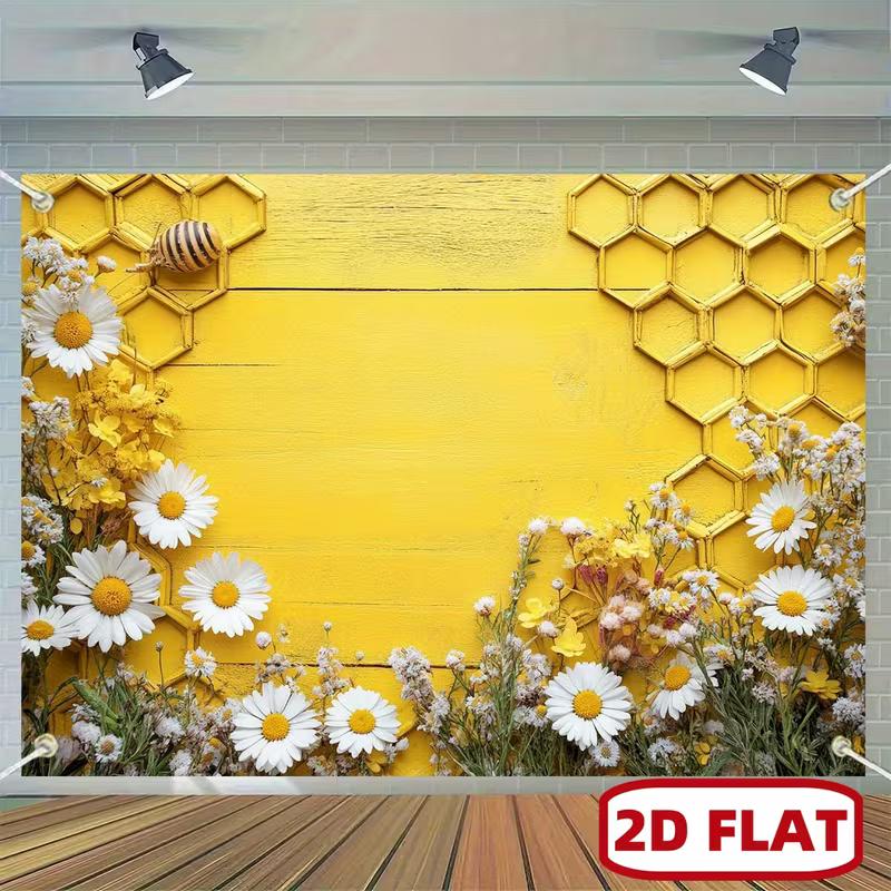 

2D Bee and Daisy Backdrop, Honeycomb and Yellow Wood Party Background 47.2x31.5inch/120*80cm