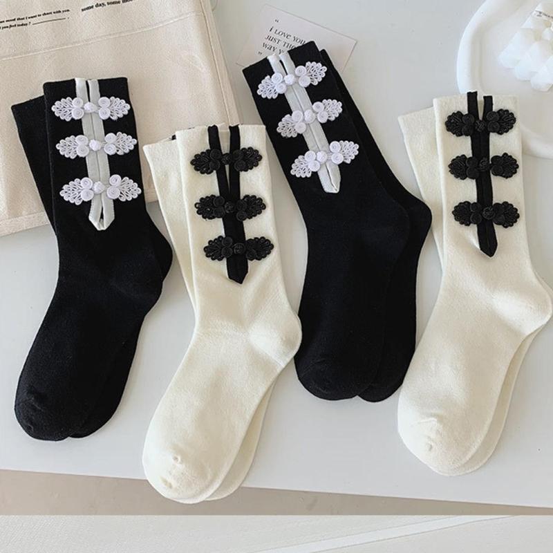 Womens Casual Crew Socks, Chinese Style Cheongsam Buckle Design Ladies Socks Solid Color Cotton Calf Socks