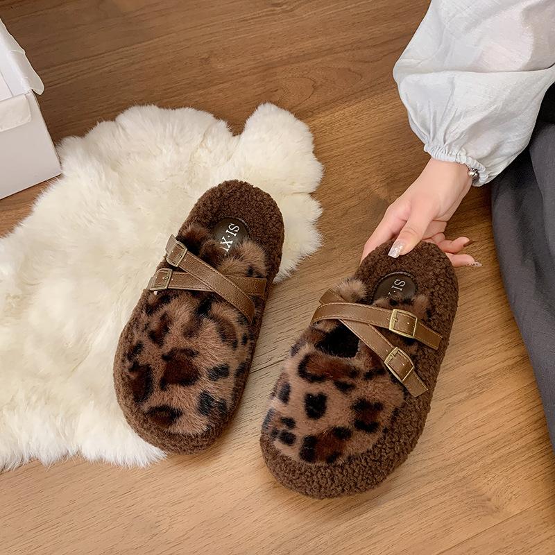 Leopard print fluffy shoes 2025 autumn and winter new thick-soled outer wear versatile fashion warm and height-increasing plush cotton slippers