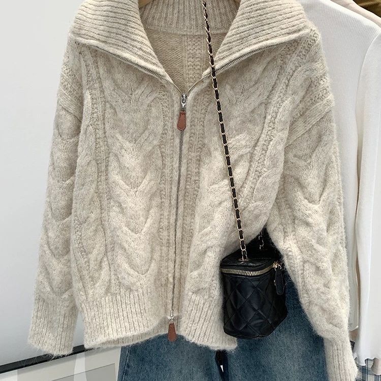 Dámský podzimní zimní ležérní styl volný pletený kardigan retro jednobarevný dvojitý zip límeček s klopami svetr dámský top