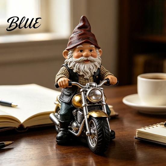 Hand Painted Gnome Figurine Riding Retro Motorcycle Figurine Motorbike Dwarf Resin Statue Ornament Sculpture for Home Office Desk Bookshelf