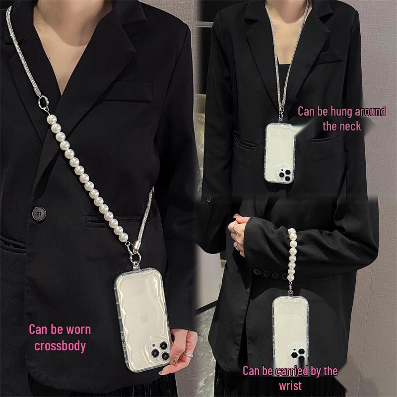 Pearl Silver Rhinestone Luxury Crossbody Phone Lanyard with Full Diamond Pendant, Wearable, Anti-Lost, Sturdy, Wrist Handheld.