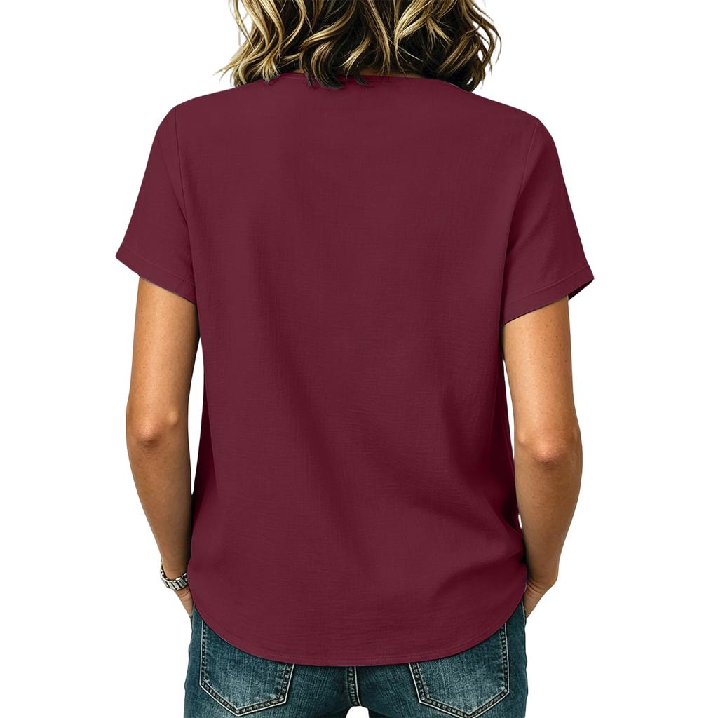 Women Casual V Neck Button Front Top with Pocket Short Sleeve Relaxed Fit Blouse Lightweight Comfortable Fabric