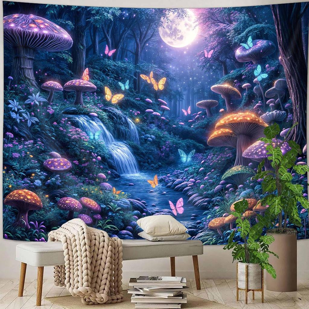 Fantasy Forest Tree Butterfly Wall Hanging Fairy Magical Enchanted Jungle Waterfall Mushroom Tapestry for Bedroom Living Room