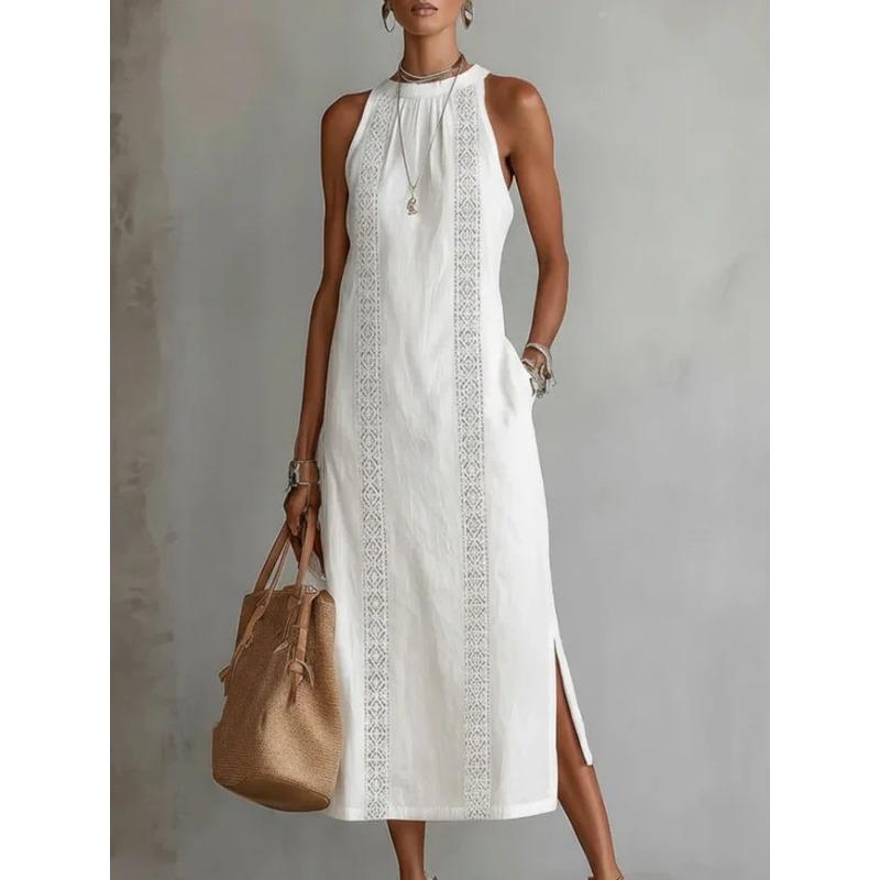 Mode Ärmelloses Spitzenkleid Neu Einfarbige O-Ausschnitt Locker Lang Party Elegant Sommer A-Linien-Kleid Damen Süß Schlitz Lässig Damenbekleidung