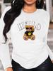 Women's Spring and Autumn Comfortable Casual Long Sleeved HELLO Bear Cartoon Printed Round Neck T-shirt