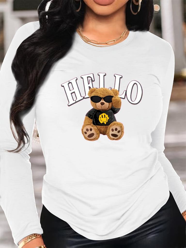 Women's Spring and Autumn Comfortable Casual Long Sleeved HELLO Bear Cartoon Printed Round Neck T-shirt
