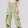 Plus Size Women's Summer/Autumn Thin High-Waist Distressed Wide-Leg Pants - Loose Casual Athletic Trousers with Trendy Style