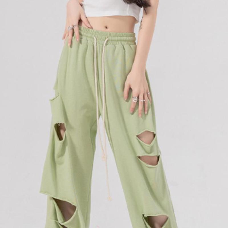 Plus Size Women's Summer/Autumn Thin High-Waist Distressed Wide-Leg Pants - Loose Casual Athletic Trousers with Trendy Style