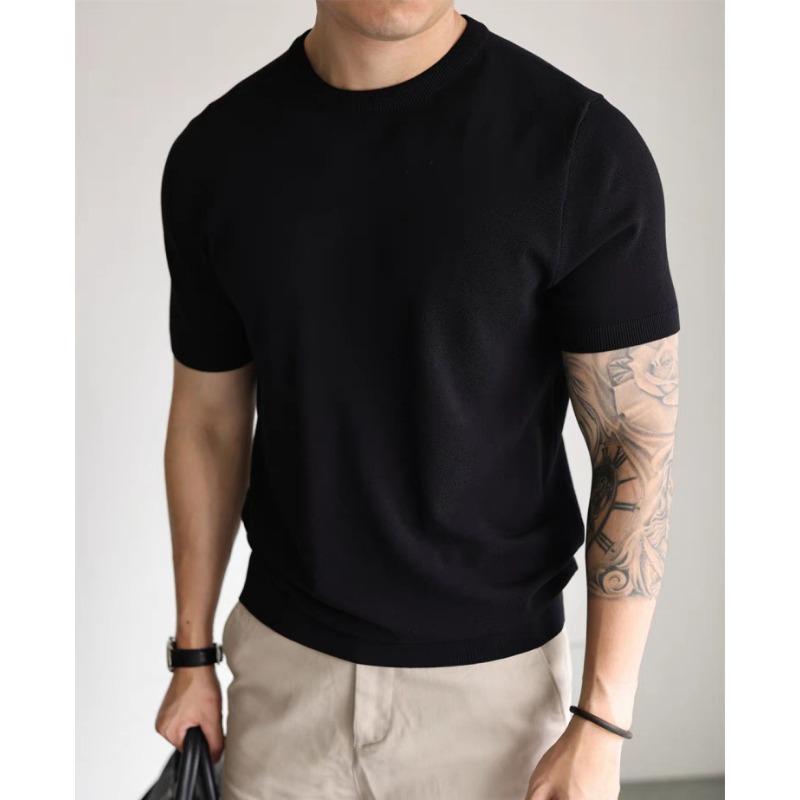 Men Short Sleeve Knit T Shirt Crew Neck Solid Color Slim Fit Casual Breathable Top