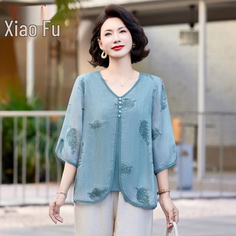 Women s New Chinese Style Faux Two-Piece V-Neck T-Shirt 3XL