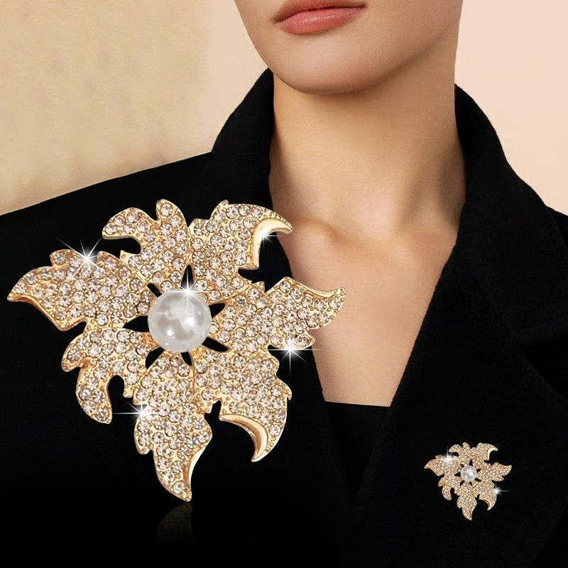 Elegant French Maple Leaf Brooch: Sparkling Rhinestones, Micro-Paved Zirconia, Pearl Accent