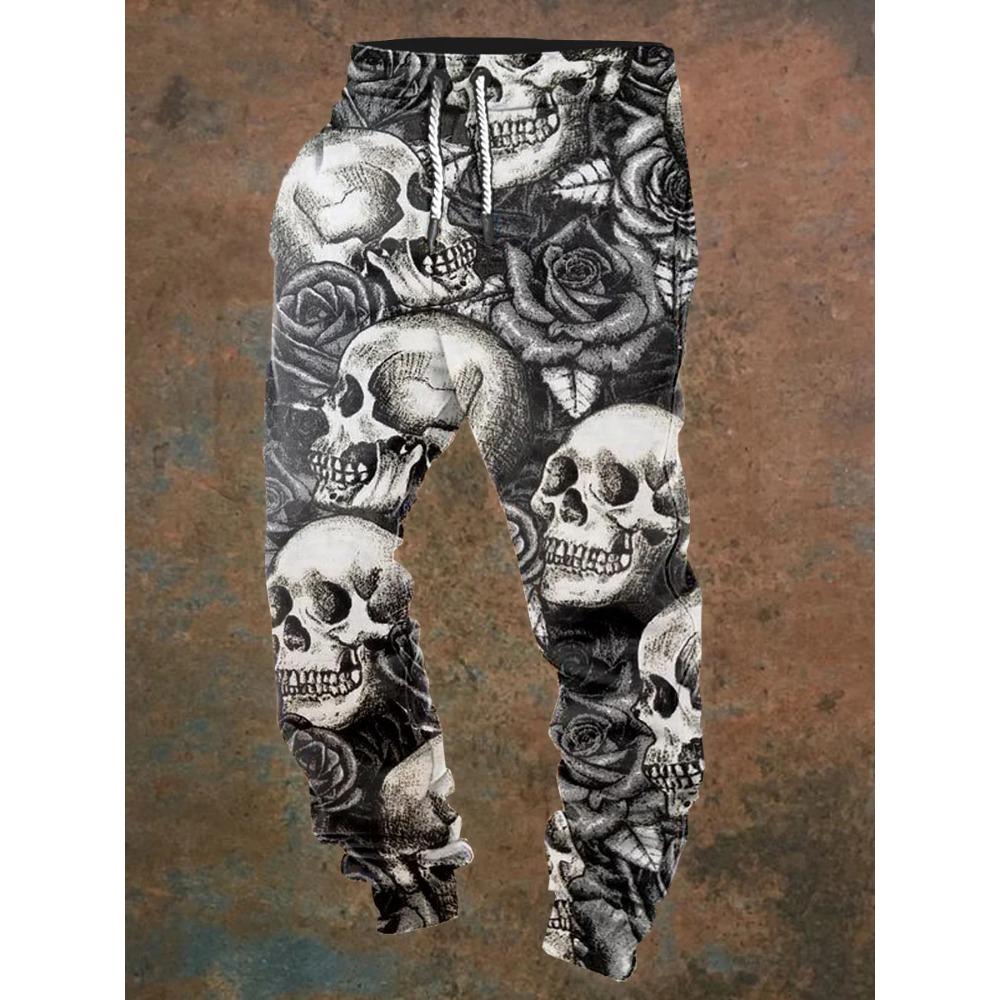 Men's casual jogging pants with drawstrings and Halloween skull prints, suitable for outdoor wear, autumn and winter fashion