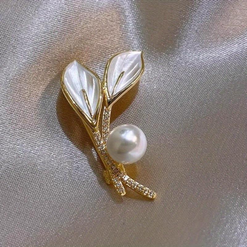 Kerongsang Mutiara, Rekaan Daun, Aksesori Kot Musim Luruh / Musim Sejuk, Gancu Pin Bunga Dada Wanita LS