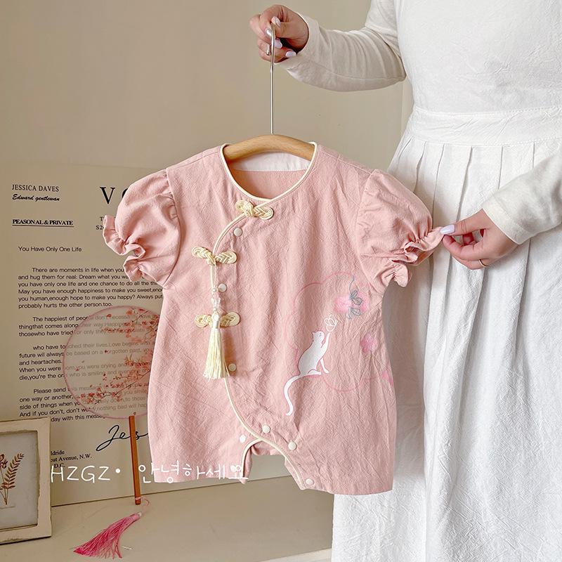 

Summer Cotton Romper: Chinese Style for Baby Girls, Perfect for Outdoors and Special Occasions 66 cm розовый
