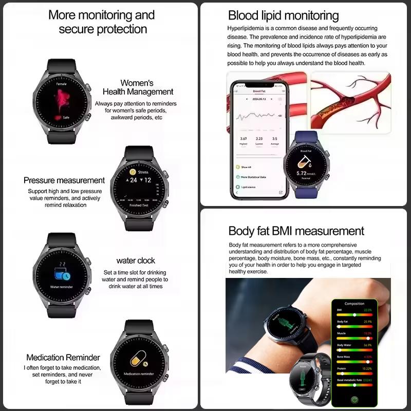 2025 New CES Science Sleep Aid Smart Watch Men Laser Treatment Three High ECG+PPG Body Temperature BT Call Health Smartwatches