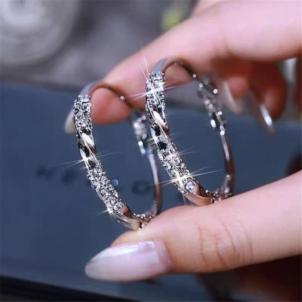 Luxury Female White Zircon Stone Hoop Earrings Elegant Bridal Wedding Jewelry For Women