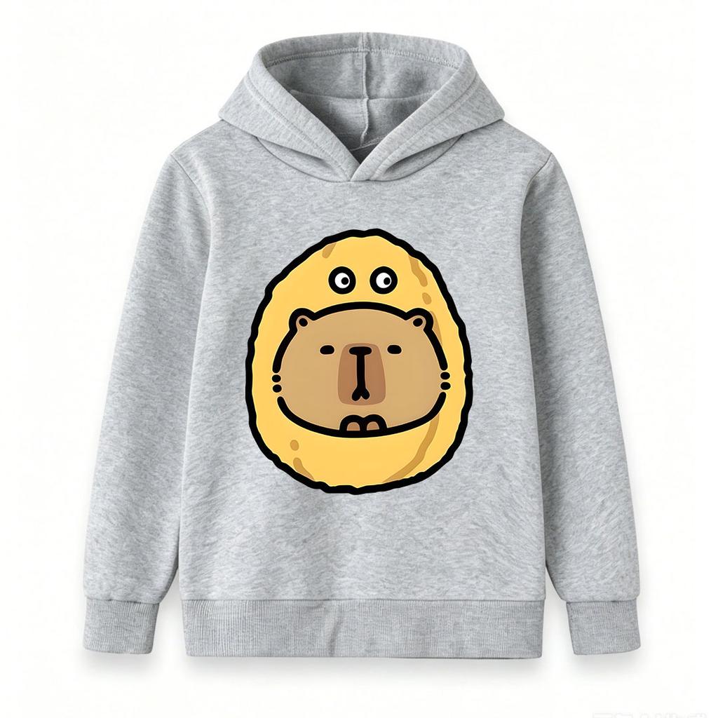 Kids Boys Girls Pullover Hoodie, Cute Cartoon Capybara In Fried Pancake Print Casual Soft Long Sleeve Hooded Sweatshirt For Little Children Daily Wear