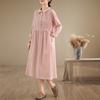2025 new 6-color 4-size linen dress women's pullover long-sleeved medium and long solid color cotton and linen dress
