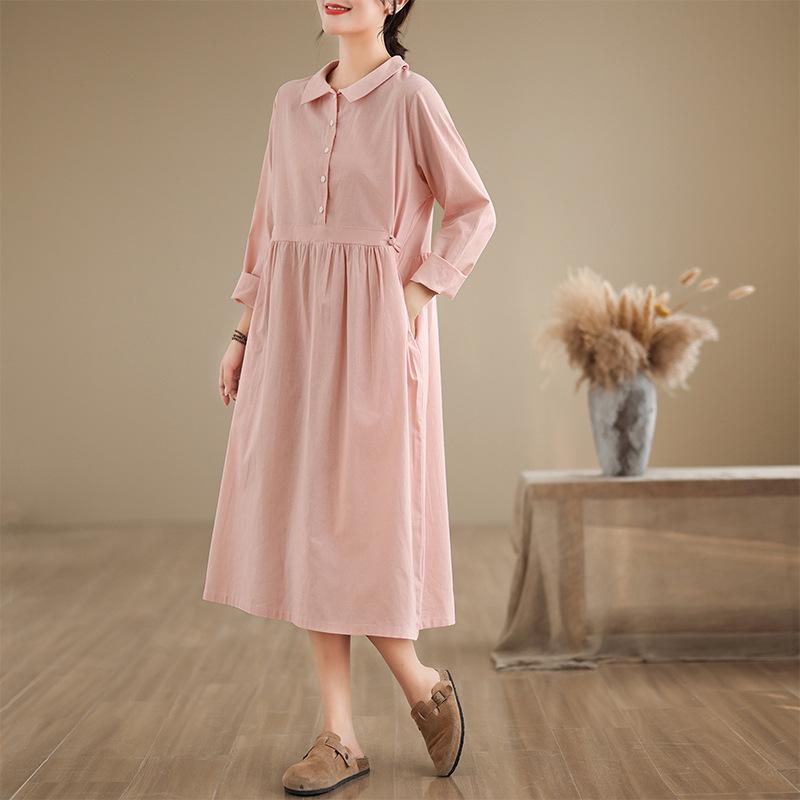 2025 new 6-color 4-size linen dress women's pullover long-sleeved medium and long solid color cotton and linen dress