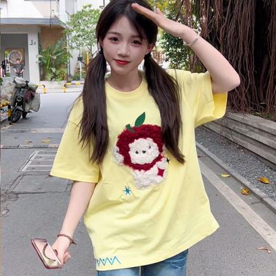 Summer Pure Cotton T-shirts for Women Cute Cartoon O-Neck Oversized Tees Korean Y2k Female Clothes Casual Short Sleeve Y2k Tops
